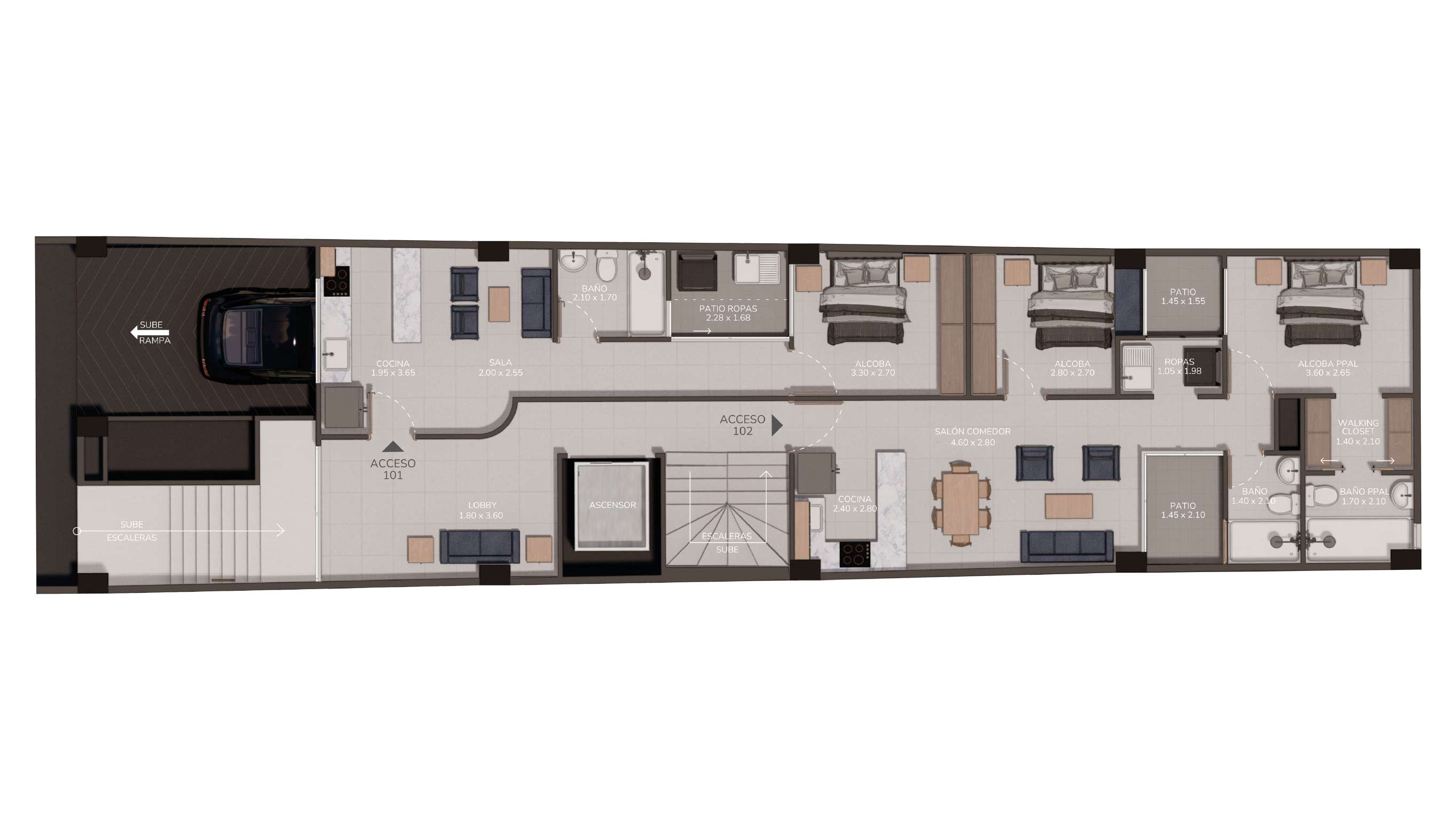 Plano del primer piso de Living 57: Apto 101 de 42 m² con 1 alcoba y Apto 102 de 67 m² con 2 alcobas