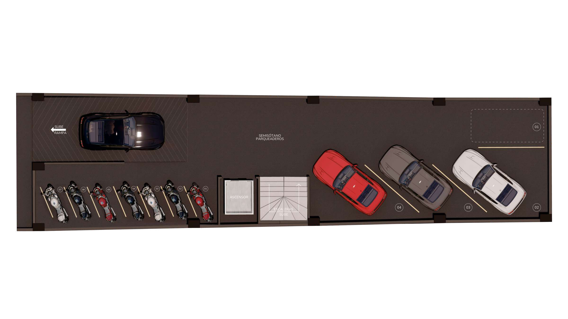 Plano del semisótano de Living 57, con 4 parqueaderos de carro y 8 de moto