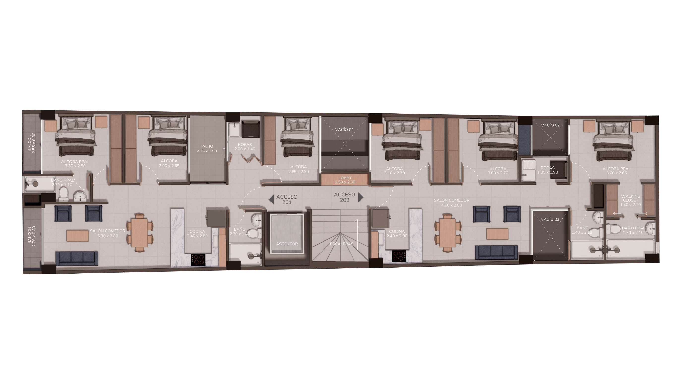 Plano de la planta tipo de Living 57, pisos 2 a 6: Tipo 01 de 77 m² y Tipo 02 de 73 m², ambos de 3 alcobas