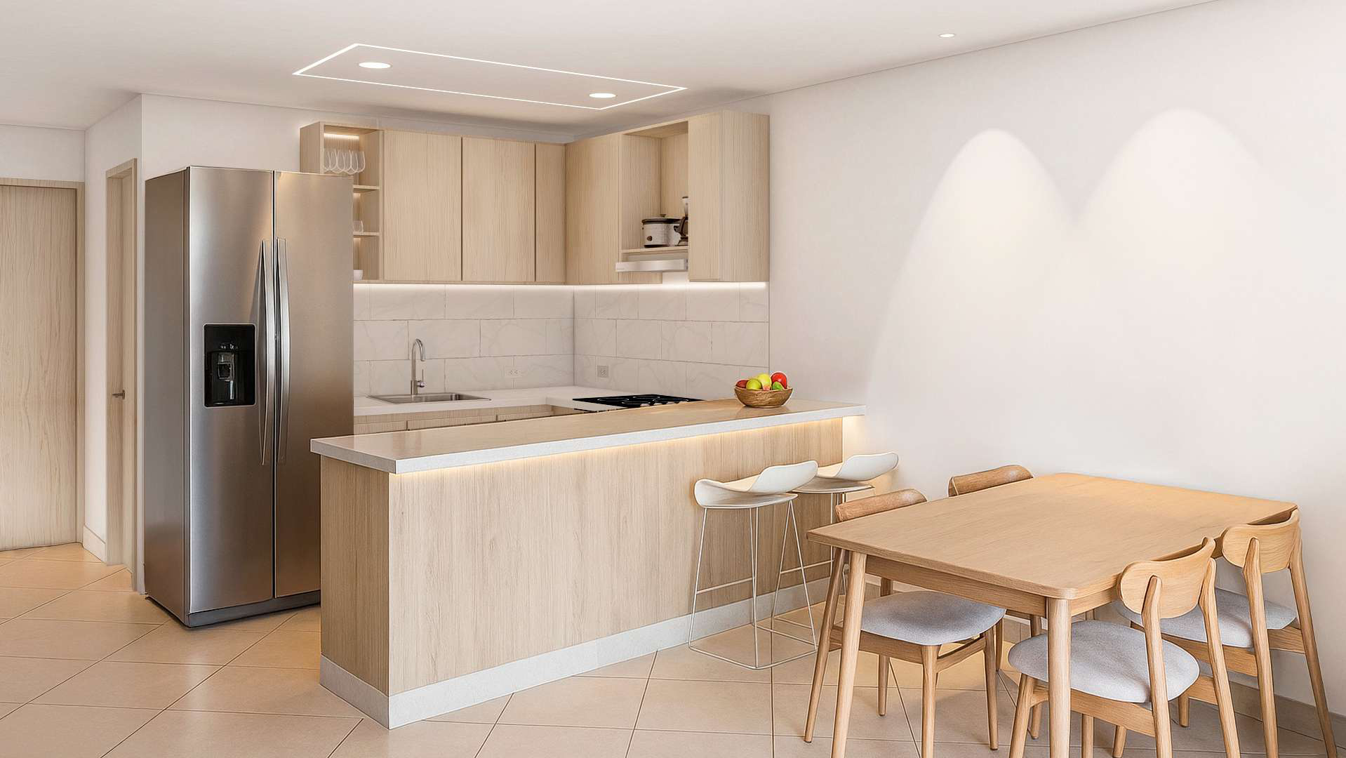 Render de la cocina de un apartamento de Living 57, en La Estrella, Antioquia