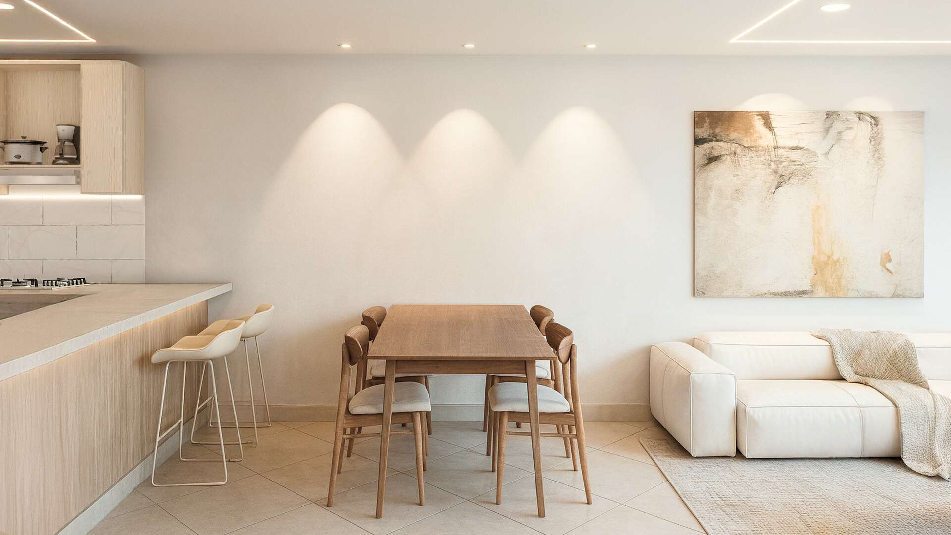 Render del comedor de un apartamento de Living 57, en La Estrella, Antioquia