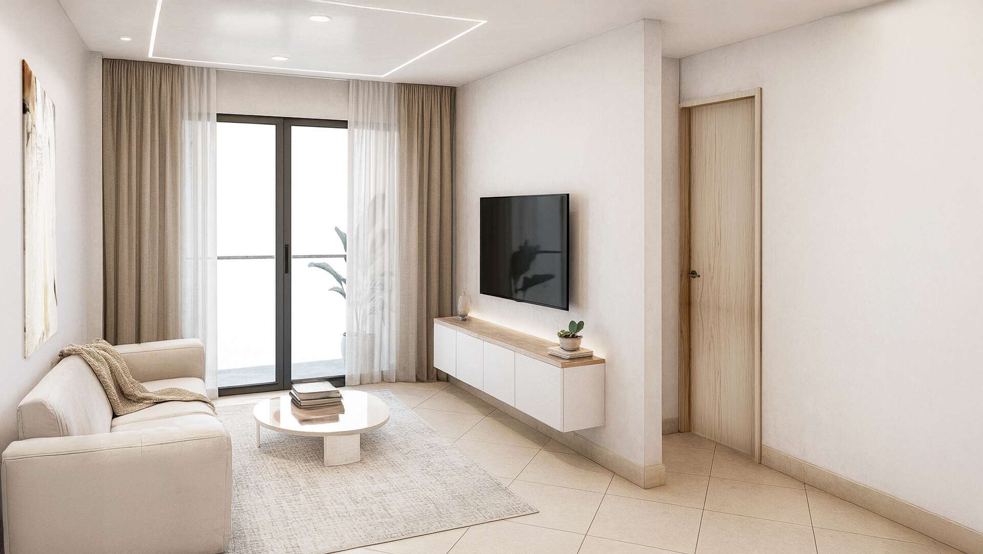 Render de la sala de un apartamento de Living 57, edificio de apartamentos en venta en La Estrella, Antioquia